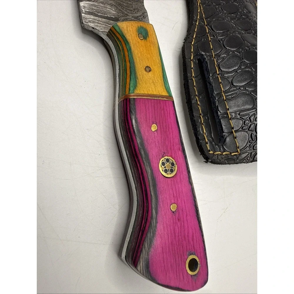 Handmade Damascus Steel Hunting Knife With Sheath Pink